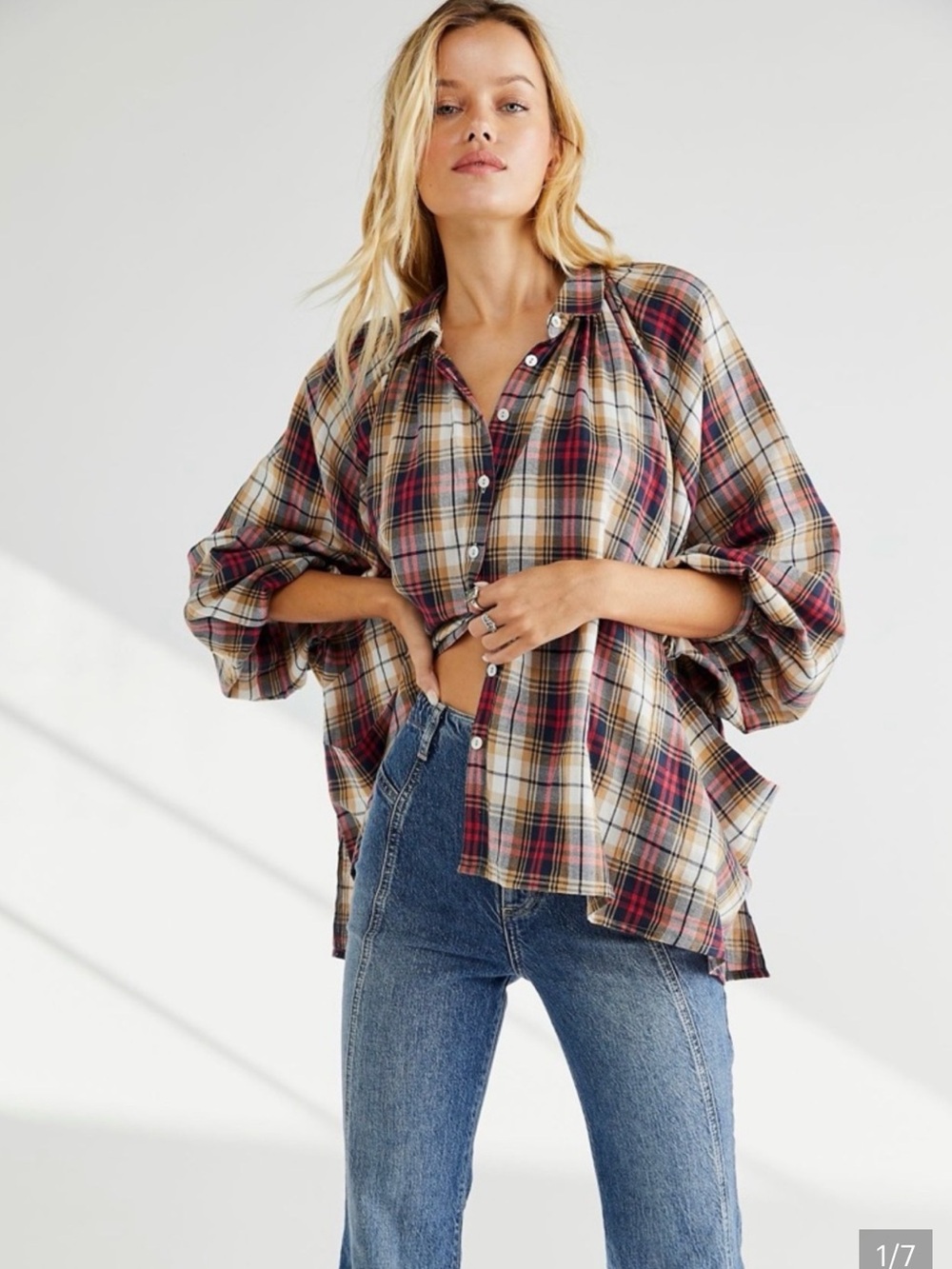 Kinga Csilla Free People Plaid Button-Down Shirt in Red, Cream, Tan, Navy